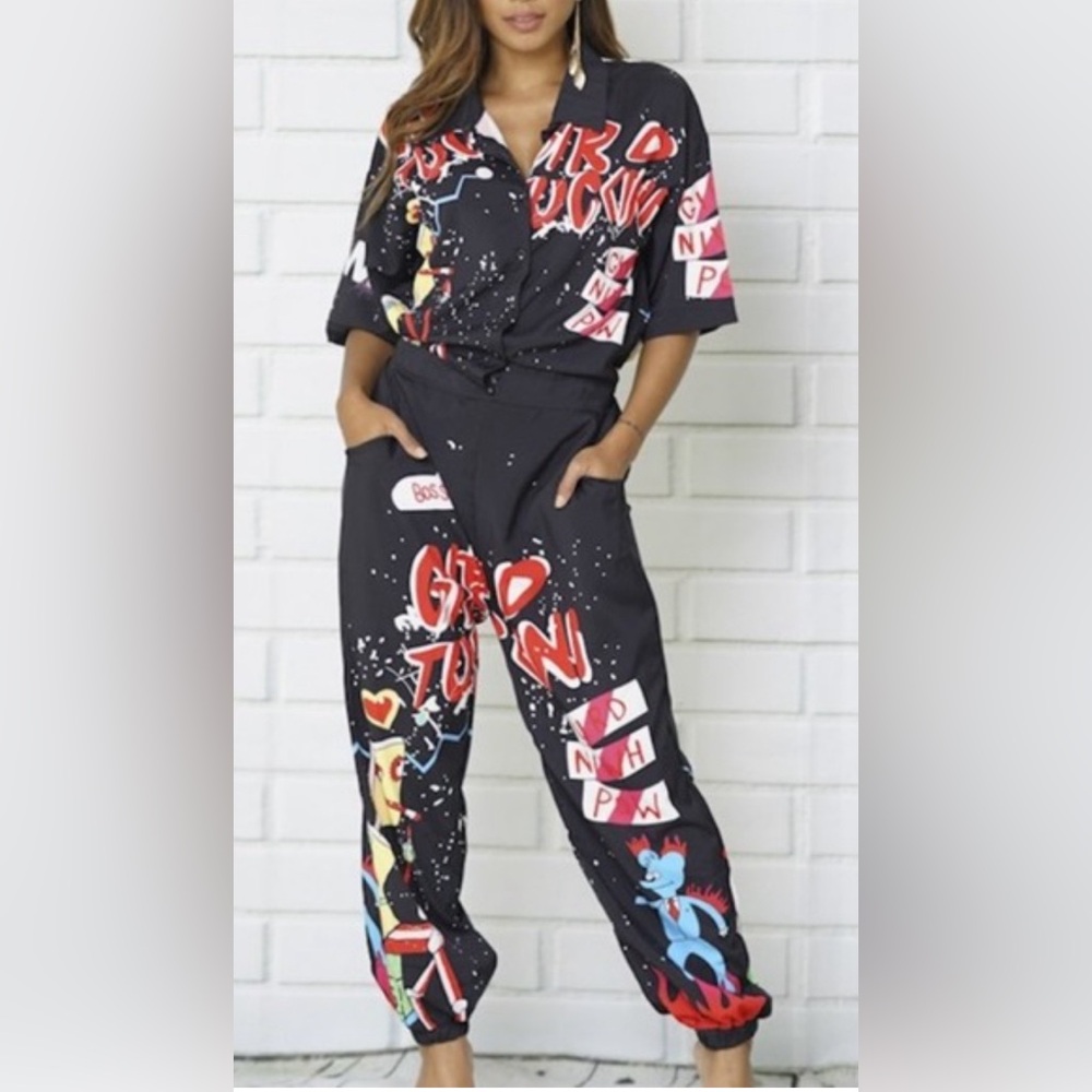 Casual Cartoon Printing Short Sleeves High Waist One-piece Jumpsuits XL
